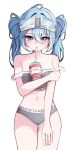  1girl ahoge arahashi_tabi blue_eyes blue_hair blush breasts clothes_writing commentary_request cowboy_shot cup double_strap_slip drinking_straw drinking_straw_in_mouth goggles goggles_on_head grey_panties grey_sports_bra hair_between_eyes hair_intakes highres korean_commentary korean_text large_breasts long_bangs medium_hair navel panties pol060 simple_background solo sports_bra sports_panties standing stellive stomach straight-on strap_pull strap_slip tearing_up translated twintails underwear underwear_only underwear_writing white_background 