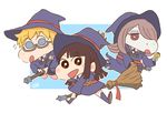  absurdres blush broom chiban crayon_shin-chan freckles glasses hair_over_one_eye hat highres kagari_atsuko little_witch_academia long_hair looking_at_viewer lotte_jansson multiple_girls open_mouth parody short_hair style_parody sucy_manbavaran usui_yoshito_(style) witch witch_hat 