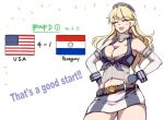  1girl 2026_fifa_world_cup american_flag breasts cleavage closed_eyes collar commentary_request contrapposto elbow_gloves english_text front-tie_top gloves grey_gloves hands_on_own_hips headgear iowa_(kancolle) kantai_collection large_breasts metal_collar midriff_peek paraguayan_flag score simple_background skirt smile solo striped_clothes striped_skirt suda_(yuunagi_enikki) vertical-striped_clothes vertical-striped_skirt white_background world_cup 