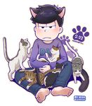  :&lt; animal_ears barefoot black_hair blush cat cat_day cat_ears cat_tail denim feet full_body jeans looking_at_viewer male_focus matsuno_ichimatsu nish osomatsu-san pants paw_print tail 