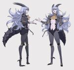  1boy arthropod_boy arthropod_limbs arthropod_tail awii blue_hair braid chinese_commentary claws commentary_request fingernails full_body grey_background hands_up highres horns long_hair looking_at_viewer male_focus monster_boy multiple_views original red_eyes sharp_fingernails simple_background standing twin_braids very_long_hair 