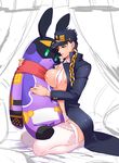  awa_suna breasts chain genderswap genderswap_(mtf) hat jojo_no_kimyou_na_bouken kneeling kuujou_joutarou lace large_breasts lingerie long_coat neck_ribbon nipples panties ribbon short_hair solo star_platinum stardust_crusaders stuffed_animal stuffed_bunny stuffed_toy thighhighs torn_clothes torn_hat underwear unfinished_background 