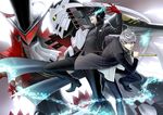  amamiya_ren arsene_(persona_5) black_footwear black_hair black_jacket black_pants black_shirt gloves grey_eyes hair_between_eyes highres holding holding_sheath holding_sword holding_weapon izanagi jacket male_focus mask multiple_boys narukami_yuu open_clothes open_jacket pants parted_lips persona persona_4 persona_5 ran_(rankinz) red_gloves sheath shirt shoes silver_hair sword unsheathing weapon white_shirt 