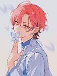  1boy bug butterfly closed_mouth commentary_request curtained_hair earrings ensemble_stars! gradient_background hand_up highres jewelry kuon_mashu long_sleeves looking_at_viewer male_focus pink_hair qi_(fish_s_1) short_hair smile solo upper_body 