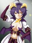  1girl bat_brooch breastless_clothes breasts cleavage commentary_request corset cross cross-shaped_pupils cross_pasties forward-facing_horns highres hiiragi_utena horns looking_at_viewer lowleg lowleg_pants magia_baiser mahou_shoujo_ni_akogarete navel pants pasties purple_corset revealing_clothes short_hair shrug_(clothing) simple_background smile solo star_(symbol) star_pasties stomach symbol-shaped_pupils white_shrug yellow_horns 