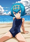  1girl arm_support bangs bare_arms bare_legs bare_shoulders beach blue_sky blunt_bangs cameltoe closed_mouth cloud day flat_chest hairband karinae_(user_fszn7743) leaning_back looking_at_viewer npc_trainer ocean one-piece_swimsuit outdoors pokemon pokemon_(anime) pokemon_(game) pokemon_sm pokemon_sm_(anime) sand short_hair sitting sky solo suiren_(pokemon) swimsuit trial_captain water 