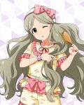  1girl bow brown_hair brushing_hair card_commentary commentary_request cowboy_shot floral_print floral_print_shirt frilled_shirt frilled_shorts frills game_asset green_eyes hair_bow hair_brush hairband handa_roco happiness_roomwear_(idolmaster) holding holding_hair_brush idolmaster idolmaster_million_live! idolmaster_million_live!_theater_days long_hair looking_at_viewer official_alternate_costume official_art one_eye_closed pajamas pink_bow pink_trim print_shirt print_shorts shirt shirt_bow short_sleeves shorts solo standing third-party_source twintails very_long_hair yellow_shirt yellow_shorts 