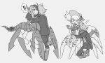  3boys arachne_boy awii bonnet chinese_commentary commentary_request crossdressing crossdressing_(mtf) dress full_body grey_background greyscale horns hug jacket male_focus monochrome monster_boy multiple_boys multiple_legs original pointy_ears simple_background taur 