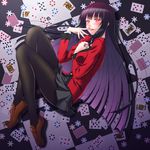  bangs between_breasts black_hair black_legwear blazer blunt_bangs blush breasts card checkered checkered_floor finger_to_mouth from_above full_body glowing glowing_eyes hand_between_breasts highres hime_cut horiguchi_hiroshi houndstooth jabami_yumeko jacket kakegurui long_hair looking_at_viewer medium_breasts miniskirt nail_polish on_floor pantyhose parted_lips playing_card pleated_skirt poker_chip print_skirt red_eyes red_nails school_uniform skirt smile solo thumb_ring very_long_hair 