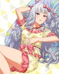  1girl bow card_commentary commentary_request floral_print floral_print_shirt frilled_shirt frilled_shorts frills game_asset grey_hair hair_bow happiness_roomwear_(idolmaster) idolmaster idolmaster_(classic) idolmaster_million_live! idolmaster_million_live!_theater_days long_hair looking_at_viewer official_alternate_costume official_art pajamas pink_bow pink_eyes pink_trim print_shirt print_shorts shijou_takane shirt shirt_bow short_sleeves shorts sitting solo third-party_source yellow_shirt yellow_shorts 
