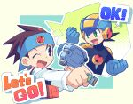  2boys battle_chip blue_bodysuit blue_headband blue_helmet bodysuit brothers brown_eyes brown_hair clenched_hands commentary_request english_text green_eyes headband helmet holding ishikoro1645 lan_hikari_(mega_man) male_focus mega_man_(series) mega_man_battle_network_(series) megaman.exe multiple_boys netnavi one_eye_closed open_mouth orange_vest outline personal_terminal siblings twins upper_body vest white_outline 