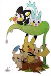  berry_(pokemon) cheri_berry commentary_request emolga leaf_umbrella minun mohyeon mushroom no_humans on_tree_stump open_mouth pachirisu pichu pikachu pikaclones plusle pokemon pokemon_(creature) simple_background sitting water_drop white_background 