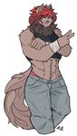  abs anthro arm_wraps brown_fur brown_hair cat clothing ear_piercing feline female fluffy fur hair maine_coon mammal mittensmcgee muscular muscular_female pants piercing ptolema red_hair simple_background smile solo v_sign white_background wraps 