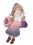  1girl arknights bespectacled brown_dress brown_hair closed_mouth commentary curled_horns dolly_(arknights) dress elysiium english_commentary eyjafjalla_(arknights) french_flag frilled_shirt_collar frills full_body glasses grey_horns grey_shirt hands_on_own_cheeks hands_on_own_face head_rest highres horns invisible_chair long_dress long_hair long_sleeves looking_at_viewer pink-framed_eyewear pink_eyes red_shoes shirt shoes simple_background sitting smile solo split_mouth white_background 