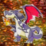  alternate_color charizard claws closed_mouth commentary derivative_work dragon dragon_wings english_commentary fangs faux_retro_artstyle fire flame-tipped_tail full_body highres mega_charizard_y mega_pokemon no_humans nostrils official_art_redraw official_style orange_background outline parody pokemon pokemon_(creature) pokemon_focus pokemon_tcg rcortezdraws red_eyes shiny_pokemon solo style_parody sugimori_ken_(style) tail twitter_username watermark white_outline wings 