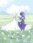  2others alternate_color arm_blade armor blue_skin blue_sky ceruledge cloud colored_skin commentary_request dress field flower flower_field gardevoir grass helmet mizuki_(sjsj_10) multicolored_skin multiple_others pokemon pokemon_(creature) purple_armor purple_helmet red_eyes shiny_pokemon sky smile two-tone_skin weapon white_dress white_skin 