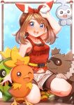  1girl :d absurdres arm_up bike_shorts bike_shorts_under_shorts blue_eyes bow_hairband breasts brown_hair cacnea castform castform_(normal) collarbone commentary eyelashes hairband highres holding holding_poke_ball long_hair may_(pokemon) open_mouth poke_ball poke_ball_(basic) pokemon pokemon_(creature) pokemon_omega_ruby_and_alpha_sapphire red_hairband red_shirt shirt shoes shorts sleeveless sleeveless_shirt smile squatting suzushiro_(gripen39) teeth torchic upper_teeth_only yellow_shoes zigzagoon 
