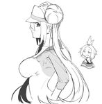  arched_back breasts collarbone commentary_request doruka double_bun from_side greyscale hair_bun half-closed_eyes hat homika_(pokemon) large_breasts long_hair looking_to_the_side mei_(pokemon) monochrome multiple_girls pokemon pokemon_(game) pokemon_bw2 shirt short_hair simple_background striped striped_shirt tied_hair twintails upper_body visor_cap white_background 