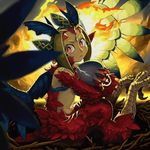  blonde_hair branch commentary_request dark_skin fantasy feathered_wings feathers fire frown gem holding_egg jewelry kamukamu6392 looking_at_viewer monster_girl original red_eyes sitting talons tattoo wings 