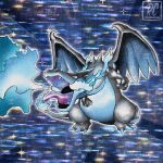  arita_mitsuhiro_(style) blue_background blue_fire breath_weapon breathing_fire charizard claws commentary derivative_work dragon dragon_wings english_commentary fangs faux_retro_artstyle fire flame-tipped_tail full_body highres mega_charizard_x mega_pokemon no_humans nostrils official_art_redraw official_style open_mouth outline parody pokemon pokemon_(creature) pokemon_focus pokemon_tcg rcortezdraws red_eyes solo style_parody tail tongue twitter_username watermark white_outline wings 