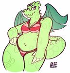  agatha_(mittensmcgee) anthro bikini breasts brown_eyes claws cleavage clothed clothing dragon female hand_on_hip horn mittensmcgee simple_background slightly_chubby smile solo spikes swimsuit thick_thighs white_background wings 