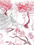  1girl cherry_blossoms expressionless full_body hair_ribbon hakugyokurou highres imageinthemaking konpaku_youmu konpaku_youmu_(ghost) looking_at_viewer looking_to_the_side medium_hair puffy_short_sleeves puffy_sleeves ribbon scabbard sheath sheathed shirt shoes short_sleeves sitting sitting_on_stairs skirt solo stairs touhou traditional_media tree vest wide_shot 