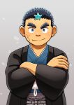  1boy archem_(crave_saga) black_hair blue_eyes blush commentary_request crave_saga crossed_arms ei_(marutendon) grey_background hakama highres japanese_clothes male_focus scar scar_on_face seigaiha short_hair smile solo straight-on thick_eyebrows upper_body wide_sleeves 