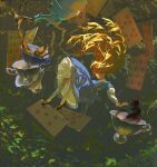  1girl ace_(playing_card) alice's_adventures_in_wonderland alice_(alice_in_wonderland) apron blue_dress card cat cheshire_cat_(alice_in_wonderland) commentary dress floating_card highres hsiiivh long_hair playing_card scenery very_long_hair 