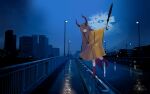  1girl absurdres balancing blue_theme boots bridge building camera camera_around_neck city cityscape cloud cloudy_sky commentary dark demon_girl demon_horns english_commentary from_side full_body grey_hair hand_up highres holding holding_umbrella horns lamppost long_hair nets_(netsabyss) original outdoors purple_eyes railing rain raincoat road rubber_boots scenery sky skyscraper solo standing standing_on_one_leg street umbrella wet yellow_raincoat 