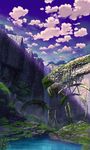  canyon cloud cloudy_sky commentary_request day grass highres mitsu_ura moss no_humans original outdoors plant river ruins scenery science_fiction shadow sky tree water waterfall 