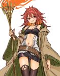  1girl bandeau belt black_bandeau black_skirt black_thighhighs blush breasts brown_belt brown_robe cleavage commentary_request cowboy_shot duel_monster fire green_sweater grin highres hiita_(yu-gi-oh!) hiita_the_fire_channeler holding holding_staff hooded_robe long_hair long_sleeves looking_at_viewer loose_belt midriff miniskirt navel open_clothes open_robe pencil_skirt red_eyes red_hair robe shirt skirt smile solo staff sweater thighhighs torch torn_clothes torn_thighhighs unbuttoned unbuttoned_shirt white_background white_shirt wide_sleeves yu-gi-oh! yukihane_(snowowl515) 