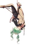  1girl absurdres bodysuit bound breasts brown_bodysuit chico_(yuzuha_riko) commentary_request green_hair gun handgun highres kitsune_hero korean_commentary long_hair medium_breasts open_mouth pink_eyes skin_tight skindentation stellive suspension teeth thigh_gap thigh_strap twintails upside-down virtual_youtuber walther_ppk weapon yuzuha_riko 