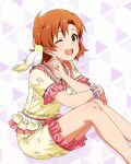  1girl :d ;d animal animal_on_shoulder bird bird_on_shoulder bow card_commentary commentary_request cowlick floral_print floral_print_shirt frilled_shirt frilled_shorts frills game_asset hair_bow happiness_roomwear_(idolmaster) idolmaster idolmaster_million_live! idolmaster_million_live!_theater_days official_alternate_costume official_art one_eye_closed open_mouth orange_hair pajamas parakeet pink_bow pink_trim print_shirt print_shorts shirt shirt_bow short_hair short_sleeves shorts sitting smile solo third-party_source yabuki_kana yellow_eyes yellow_shirt yellow_shorts 
