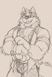  2015 5_fingers absurd_res anthro biceps big_muscles canine chest_tuft claws clothed clothing eyewear fangs fluffy front_view fur glasses hi_res looking_at_viewer male mammal mr._wolf_(takemoto_arashi) muscular muscular_male necktie open_mouth open_shirt pants partially_clothed shirt simple_background sketch smile solo standing takemoto_arashi teeth tongue tuft wolf 