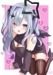  1girl :3 amane_konata angel angel_wings anklet aran_sweater artist_name asymmetrical_bangs black_halo black_nails black_ribbon black_shoes black_streaks black_sweater black_wings blush border breasts brown_thighhighs cable_knit cleavage cleavage_cutout clothing_cutout colored_inner_hair commentary_request detached_sleeves dot_nose eyes_visible_through_hair feathered_wings foot_out_of_frame from_above grey_hair hair_between_eyes hair_ornament hair_over_one_eye hair_ribbon half-closed_eyes halo hands_on_floor heart high_heels highres hololive jewelry large_breasts long_hair long_sleeves looking_at_viewer mini_wings multicolored_hair nail_polish necklace open-chest_sweater open_mouth outside_border pink_background pixel_heart puffy_long_sleeves puffy_sleeves purple_eyes purple_hair r.da12 raised_inner_eyebrows ribbon shoes signature simple_background single_hair_intake sitting skindentation sleeves_past_wrists smile solo star_(symbol) star_hair_ornament star_halo streaked_hair sweater thighhighs turtleneck turtleneck_sweater two_side_up virgin_killer_sweater virtual_youtuber wavy_hair white_border wings yokozuwari zettai_ryouiki 