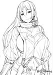  bangs breasts closed_mouth commentary eyebrows_visible_through_hair fate/grand_order fate_(series) greyscale hair_between_eyes head_tilt high_collar huge_breasts long_hair long_sleeves looking_at_viewer minamoto_no_raikou_(fate/grand_order) monochrome obmas_(pfeito) simple_background sketch smile solo tabard twitter_username white_background 