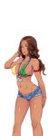  1girl adjusting_hair ana_maria_delacruz bare_arms bare_legs bare_shoulders bikini_top breasts brown_hair butcha-u cleavage dark_skin earrings erect_nipples game_cg green_eyes hoop_earrings id_card kenzen!_hentai_seikatsu_no_susume legs long_hair looking_at_viewer navel original short_shorts shorts simple_background smile solo standing thighs transparent_background unbuttoned 