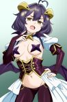  1girl ahoge bat_brooch breasts bridal_gauntlets commentary corset cross cross_facial_mark cross_pasties english_commentary facial_mark fang forward-facing_horns groin hand_on_own_hip happish_clown heart heart_ahoge highres hiiragi_utena horns looking_at_viewer lowleg lowleg_pants magia_baiser magical_girl mahou_shoujo_ni_akogarete medium_breasts navel open_mouth pants pasties purple_corset purple_hair purple_pants revealing_clothes shrug_(clothing) white_shrug yellow_eyes 