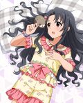  1girl animal black_hair bow card_commentary commentary_request floral_print floral_print_shirt frilled_shirt frilled_shorts frills game_asset hair_bow hair_spread_out happiness_roomwear_(idolmaster) hariko_(idolmaster) hedgehog idolmaster idolmaster_million_live! idolmaster_million_live!_theater_days long_hair looking_at_animal looking_to_the_side lying official_alternate_costume official_art on_back pajamas pink_bow pink_trim print_shirt print_shorts red_eyes shirt shirt_bow short_sleeves shorts solo takayama_sayoko third-party_source turning_head yellow_shirt yellow_shorts 