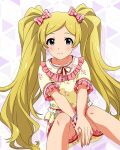  1girl blonde_hair blush bow card_commentary closed_mouth commentary_request emily_stewart floral_print floral_print_shirt frilled_shirt frilled_shorts frills game_asset hair_bow happiness_roomwear_(idolmaster) idolmaster idolmaster_million_live! idolmaster_million_live!_theater_days long_hair looking_at_viewer multiple_hair_bows official_alternate_costume official_art pajamas pink_bow pink_trim print_shirt print_shorts purple_eyes shirt short_sleeves shorts sitting smile solo third-party_source twintails very_long_hair yellow_shirt yellow_shorts 