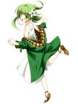  :d clenched_hands coat commentary flower green_coat green_eyes green_hair hair_flower hair_ornament highres khnchak looking_at_viewer looking_back open_mouth original ponytail running sandals smile solo white_flower 