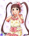  1girl :o bow brown_hair card_commentary commentary_request floral_print floral_print_shirt frilled_shirt frilled_shorts frills game_asset hair_bow hairband hands_on_own_cheeks hands_on_own_face hands_up happiness_roomwear_(idolmaster) idolmaster idolmaster_million_live! idolmaster_million_live!_theater_days long_hair looking_at_viewer matsuda_arisa official_alternate_costume official_art open_mouth orange_eyes pajamas pink_bow pink_trim print_shirt print_shorts shirt shirt_bow short_sleeves shorts sitting solo third-party_source very_long_hair white_hairband yellow_shirt yellow_shorts 