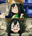  1girl ^_^ asui_tsuyu blush boku_no_hero_academia frog_girl gloves half-closed_eyes highres implied_sex lying money on_back prostitution saliva screenshot smile solo tongue tongue_out 