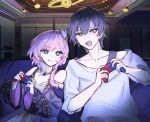  1boy 1girl bare_shoulders blue_eyes caelus_(honkai:_star_rail) closed_mouth coat commentary controller couch cyrene_(honkai:_star_rail) cyrene_(philia093)_(honkai:_star_rail) dress game_controller grey_hair hair_ornament hanging_light holding holding_controller holding_game_controller honkai:_star_rail honkai_(series) indoors jewelry long_sleeves looking_at_viewer medium_hair mitsumitsu_4160 necklace off-shoulder_coat off_shoulder on_couch open_mouth pink_hair playing_games playing_video_games purple_coat shirt short_hair shoulder-to-shoulder sitting tongue tongue_out trailblazer_(honkai:_star_rail) upper_body white_dress white_shirt yellow_eyes 