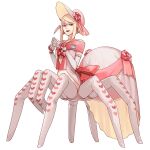  1boy arachne_boy awii blonde_hair bonnet braid chinese_commentary commentary_request crossdressing crossdressing_(mtf) dress elbow_gloves front_braid full_body gloves hat highres long_hair looking_at_viewer monster_boy multiple_legs off-shoulder_dress off_shoulder original pink_bonnet pink_dress pink_eyes pink_thighhighs simple_background solo standing steepled_fingers taur thighhighs white_background 