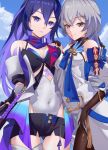  2girls absurdres black_gloves black_pantyhose black_shorts blue_sky breasts bronya_rand cleavage cloud commentary_request covered_navel dress flag888 gloves grey_eyes grey_hair highres honkai:_star_rail honkai_(series) leotard long_hair medium_breasts multiple_girls pantyhose parted_lips purple_eyes purple_hair seele_(honkai:_star_rail) short_shorts shorts sky very_long_hair white_dress white_leotard 