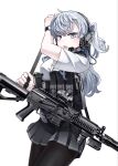  1girl ammunition_pouch assault_rifle black_pantyhose cable collared_shirt commentary_request cowboy_shot desert_(deserteagle0321) fang glock grey_eyes grey_hair grey_skirt gun gun_sling hair_between_eyes handgun headphones highres holding long_hair no_magazine_(weapon) open_mouth original pantyhose pleated_skirt pouch pp-19-01_vityaz rifle shirt short_sleeves simple_background skin_fang skirt solo standing submachine_gun watch weapon white_background white_shirt wristwatch 