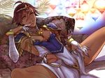  ahoge brown_hair claws collar cosplay couch crossdressing dark_skin dark_skinned_male fate/grand_order fate/prototype fate/prototype:_fragments_of_blue_and_silver fate_(series) headband jewelry lantern loincloth male_focus ozymandias_(fate) pauldrons ring scheherazade_(fate/grand_order) scheherazade_(fate/grand_order)_(cosplay) solo spread_legs thumb_ring toned toned_male zuwai_kani 