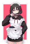  1girl absurdres alternate_costume apron bad_id bad_twitter_id bandaged_wrist bandages belt_collar black_hoodie blue_archive border brown_hair collar commentary cowboy_shot enmaided frilled_apron frills gun hand_on_own_hip hand_up highres holstered hood hoodie ivan_wang long_sleeves looking_at_viewer maid maid_headdress mask mask_pull misaki_(blue_archive) missing_halo mouth_mask no_pants parted_lips pink_background red_eyes revolver ruger_lcr short_hair solo straight-on unconventional_maid untranslatable_commentary waist_apron weapon white_apron white_border 
