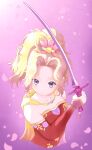  1girl bare_shoulders beaded_hair_ornament blonde_hair cape collarbone commentary_request cropped_torso detached_sleeves final_fantasy final_fantasy_vi floral_print_sleeves gold_trim gradient_background hair_ornament hair_ribbon high_ponytail highres holding holding_sword holding_weapon looking_at_viewer petals ponytail poyo26284 purple_background purple_eyes purple_ribbon red_sleeves ribbon smile solo sword terra_branford upper_body weapon yellow_cape 